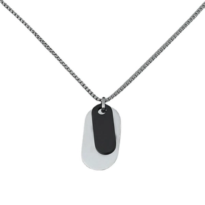 Detail of double oval dog tags on box chain in black matte and polished silver finish