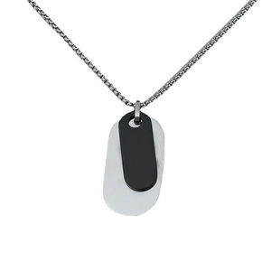 Men's double dog tag necklace in silver and black stainless steel with box chain