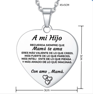 Stainless steel heart pendant necklace with Spanish inspirational engraving and adjustable chain