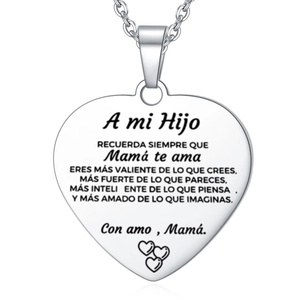 Polished stainless steel heart pendant necklace with engraved Spanish inspirational text