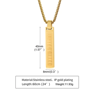 Detailed specs of IP gold plated stainless steel rectangle pendant with Roman numerals