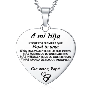 Polished heart pendant necklace with engraved Spanish message of love and encouragement