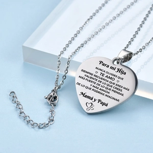 Polished heart pendant necklace with inspirational Spanish engraving on an O-chain