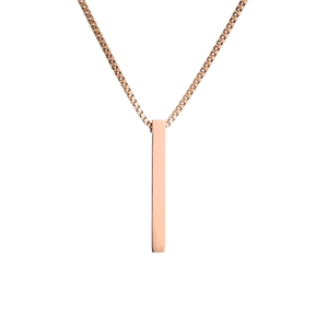 Detailed view of minimalist rose gold pillar pendant and polished box chain link