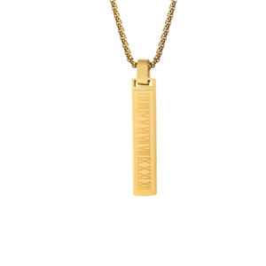 Polished gold rectangular bar pendant necklace with Roman numeral engraving for men