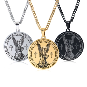 Vintage Stainless Steel Archangel Saint Michael Pendant Necklace For Men Women Retro Religious Round Amulet Jewelry Gift