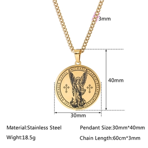 Vintage stainless steel Archangel Michael medallion necklace in gold finish for men and women