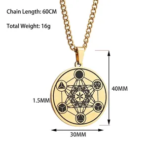 Gold Metatron's Cube stainless steel pendant necklace with geometry design and heavy chain