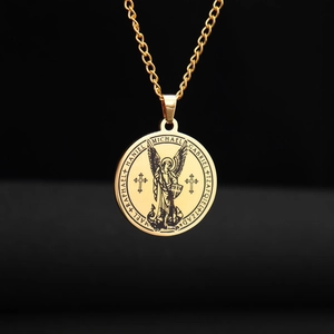 Vintage golden Archangel Michael pendant necklace with detailed engraving for men and women