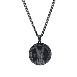 Retro black stainless steel Archangel Michael round pendant necklace with curb chain for men