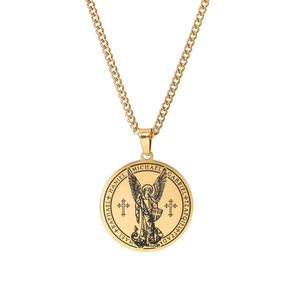 Close-up of Archangel Michael coin pendant in gold plated steel with detailed engraving