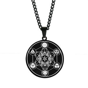 Black stainless steel Flower of Life pendant with Metatron's Cube on a chunky chain