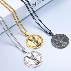 Detailed relief of Saint Michael archangel round pendants in silver, gold and black finish