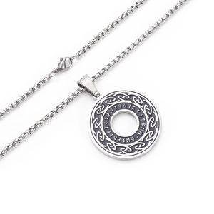 Viking rune necklace in silver stainless steel with Celtic knot design on white background