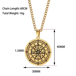 Golden stainless steel zodiac moon wheel necklace with dimension markings and 60cm chain