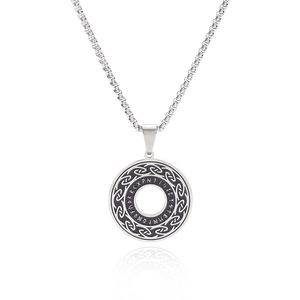 Nordic Viking necklace with silver Celtic knot pendant and runes on round stainless steel