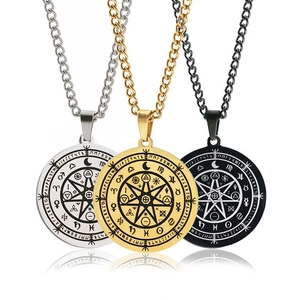 Stainless Steel Zodiac Medallion Necklace For Men Women Witchcraft Occult Pentagram Round Pendant Astrological Jewelry Gift