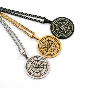 Three-color stainless steel zodiac necklace set with mystic runes and pentagram pendants