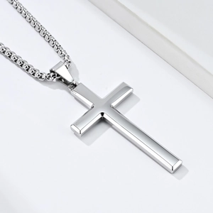 Polished silver stainless steel cross pendant necklace with classic bead chain for unisex wear