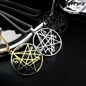 Collier avec Pendentif Symbole Occulte Satanique en Acier Inoxydable pour Homme Femme Gothique Punk Rond Creux Géométrique Bijoux