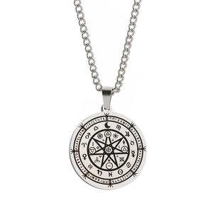 Men's stainless steel 12 zodiac pendant necklace featuring a pentagram and occult symbols