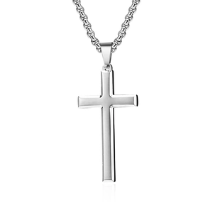 Detail of polished silver stainless steel cross pendant on a sturdy box chain necklace