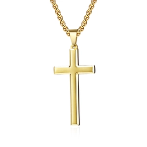 Detail of polished golden stainless steel cross pendant necklace with mirror finish