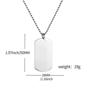 Polished stainless steel military dog tag pendant with bead chain measuring 50mm by 28mm