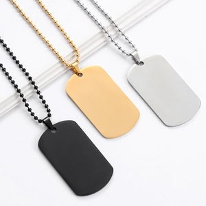 Minimalist stainless steel dog tag necklaces in black, gold, and silver on ball chains