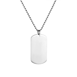 Polished stainless steel rectangle dog tag pendant with beaded chain on white background