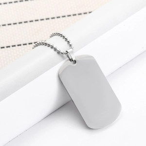 Minimalist silver stainless steel dog tag pendant necklace with round bead chain on white