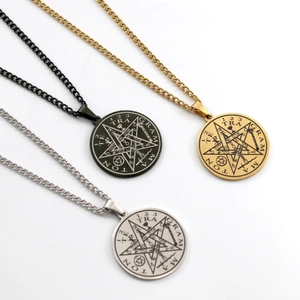 Men's hip hop Solomon seal pentagram pendant necklace in silver, gold, and black steel
