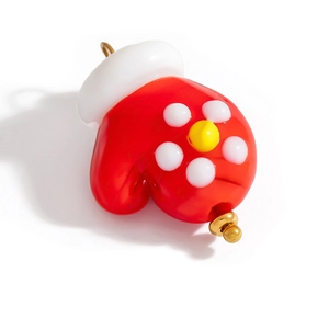 Exquisite red glass Christmas glove charm with white flower pattern and gold loop