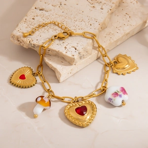 Luxus Edelstahl Armband Mit Vielen Anhängern Für Damen Gold Vergoldet Sonne Mond Stern Cupido Herz Pilz Anhänger Modeschmuck