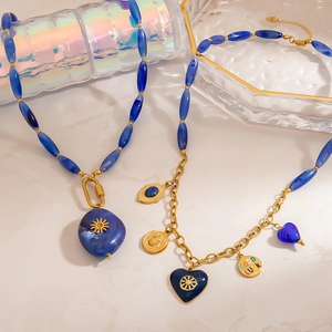 Bohemian Stainless Steel Royal Blue Resin Beads Heart Sun Charm Pendant Necklace Vintage Good Luck Handmade Jewelry For Women