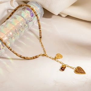 Collier bohème en acier inoxydable avec pendentif cœur et perles en pierre naturelle