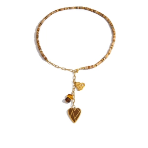 Collier vintage en perles avec pendentif cœur en acier inoxydable et ambre
