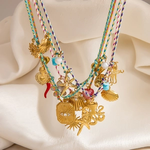 Boho Edelstahl Geflochtenes Seil Halskette Für Damen Gold Überzogen Ozean Seestern Muschel Herz Anhänger Schmuck