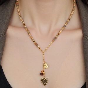 Collier en Y à Pendentif Cœur en Acier Inoxydable Vintage Chaîne à Perles Tons Terreux Bijoux pour Femmes
