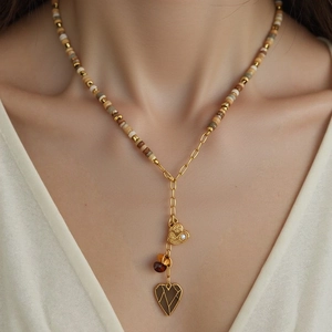 Edelstahl Herz Anhänger Perlenkette Für Damen Böhmische Naturstein Herz Charme Y-Form Schlüsselbein Kette Schmuck