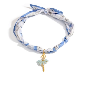 Floral silk scarf necklace with golden ballerina pendant and blue enamel dress charms