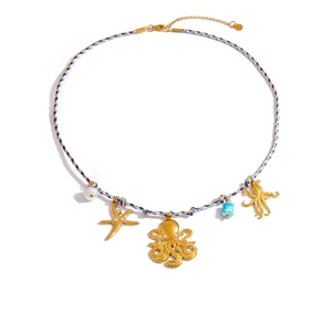 Halskette mit Seestern- und Oktopus-Anhängern aus 18K Gold auf mehrfarbigem Webseil