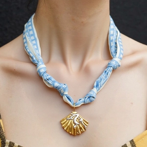 Elegant silk scarf necklace with gold and silver shell pendant for women's jewelry