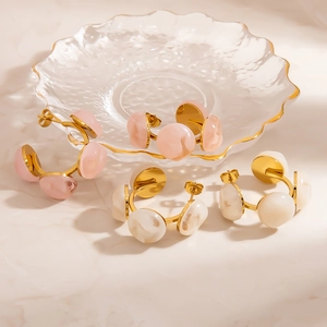French style C-shaped 18K gold plated earrings with pink and beige marble beads