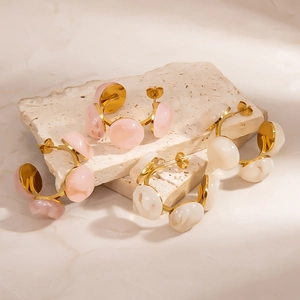 French C-shape earrings in 18K gold stainless steel with pink and white glaze resin gems