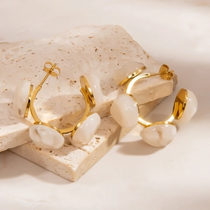 French style C-shaped 18K gold plated stainless steel earrings with white glass inlays