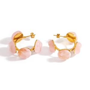 French C-shape 18K gold earrings with five pale pink marble resin stone spheres