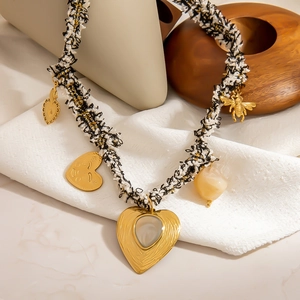 Vintage Tweed Braided Chain Heart Pendant Necklace Stainless Steel Bee Artificial Pearl Rhinestone Choker For Women Jewelry