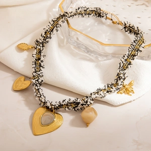 French vintage woven choker with heart pendants, bee charm and pearl in gold finish