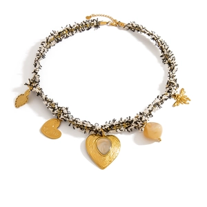 Retro tweed woven necklace with gold heart and bee charms for an elegant vintage style